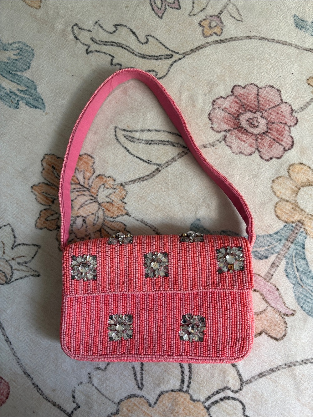 Anthropologie Fiona Pink Beaded Shoulder Bag with Crystal Flower Embellishments